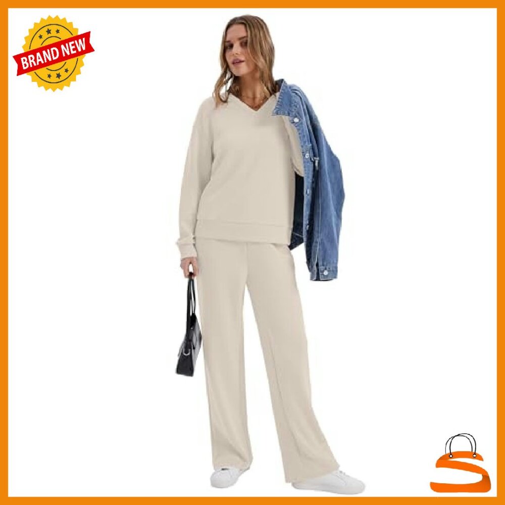 V-Neck Lounge Set with Wide Leg Pants, Soft 2-Piece Sweatsuit - Picture 4 of 8